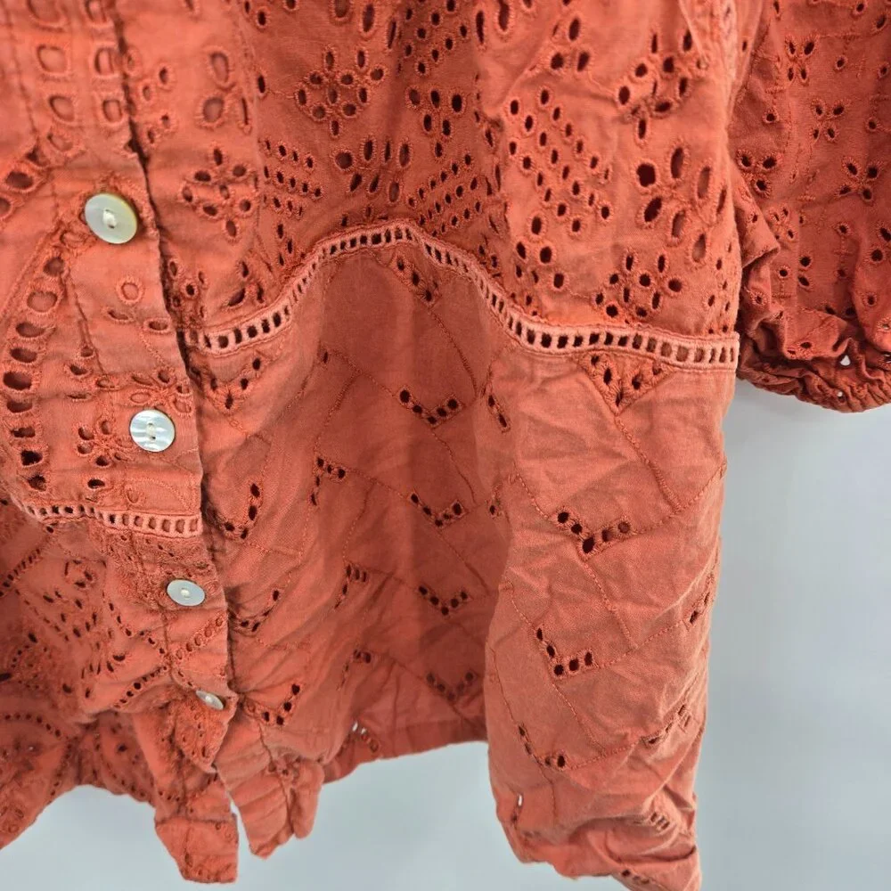 Faherty Rust Burnt Orange Eyelet 100% Organic Cotton Boho Blouse Size Medium - Picture 5 of 16
